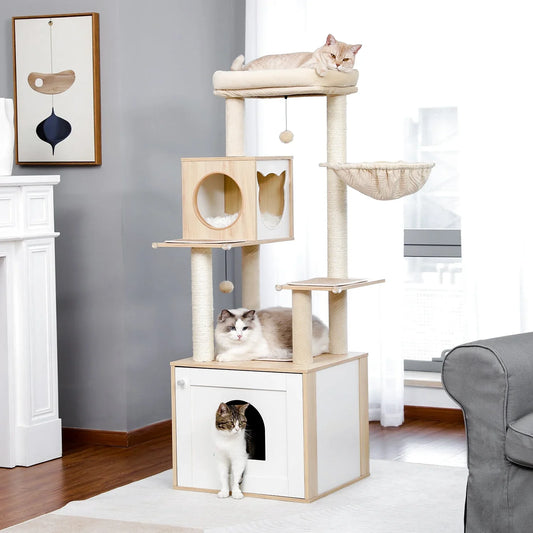 Arbre à Chat en Bois avec Litière Marron Clair et Blanc