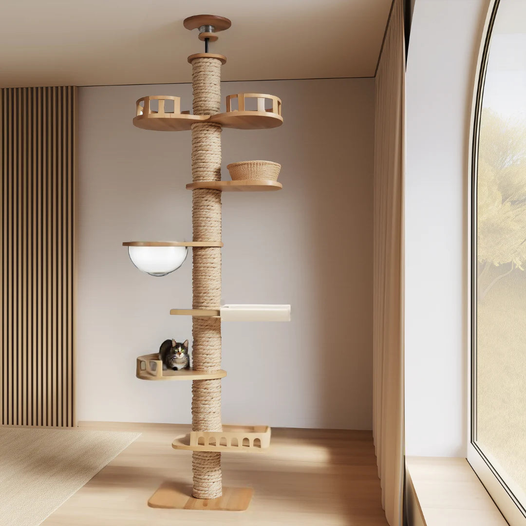 Arbre à chat en bois XXL à 6 niveaux, avec griffoir en sisal robuste, plateformes panoramiques, bol transparent suspendu, panier en osier et espace de repos cosy. Design moderne et épuré, parfait pour chats actifs cherchant à grimper, jouer et observer depuis une hauteur confortable.